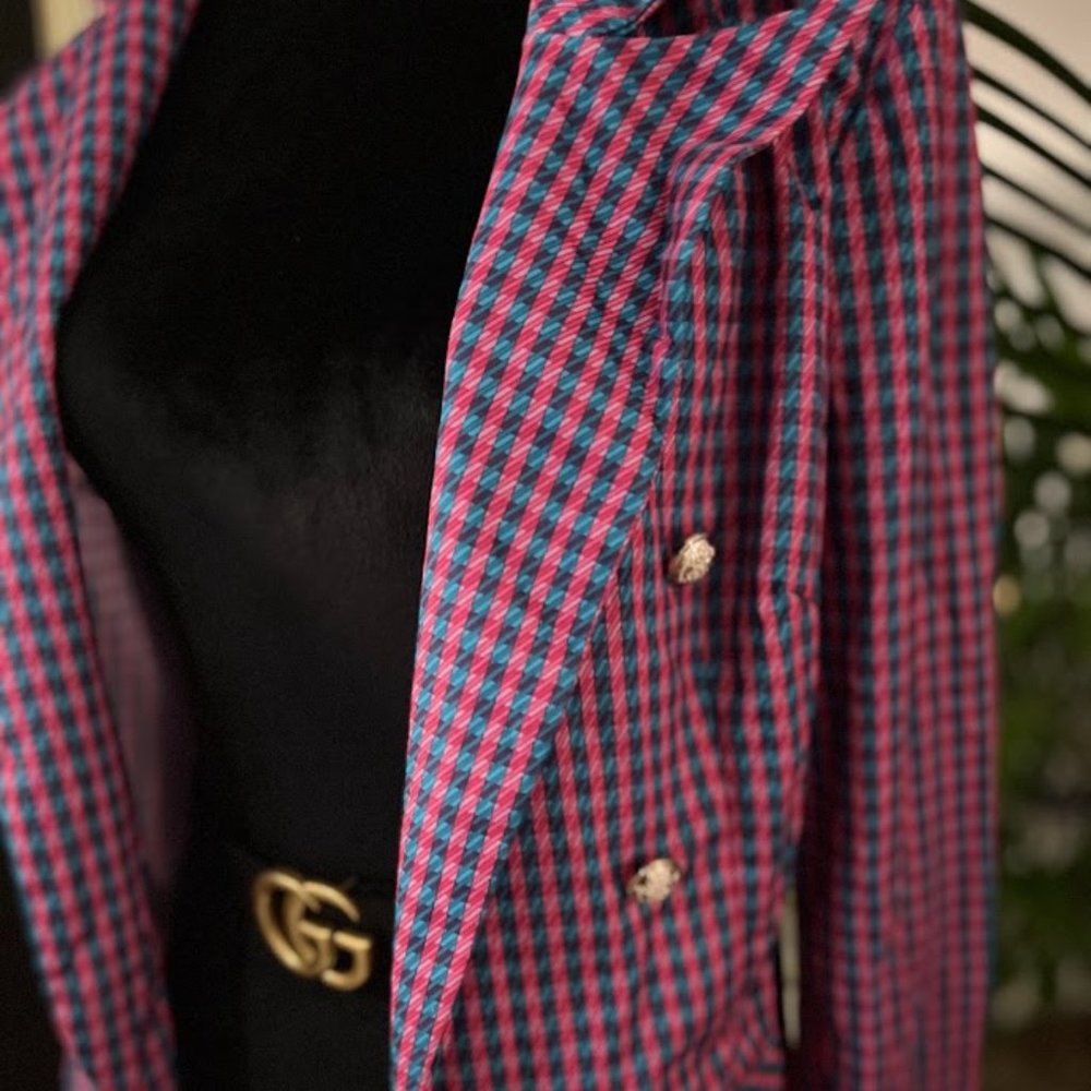 CHIC ME open front Blazer HOT PINK / PURPLE Plaid Print coat / satin Jacket only